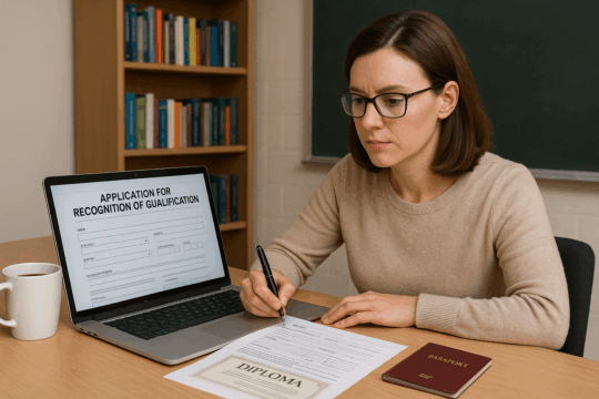 Insegnante seduta alla scrivania mentre compila una domanda di riconoscimento del titolo su un laptop, con documenti, diploma e passaporto sul tavolo.